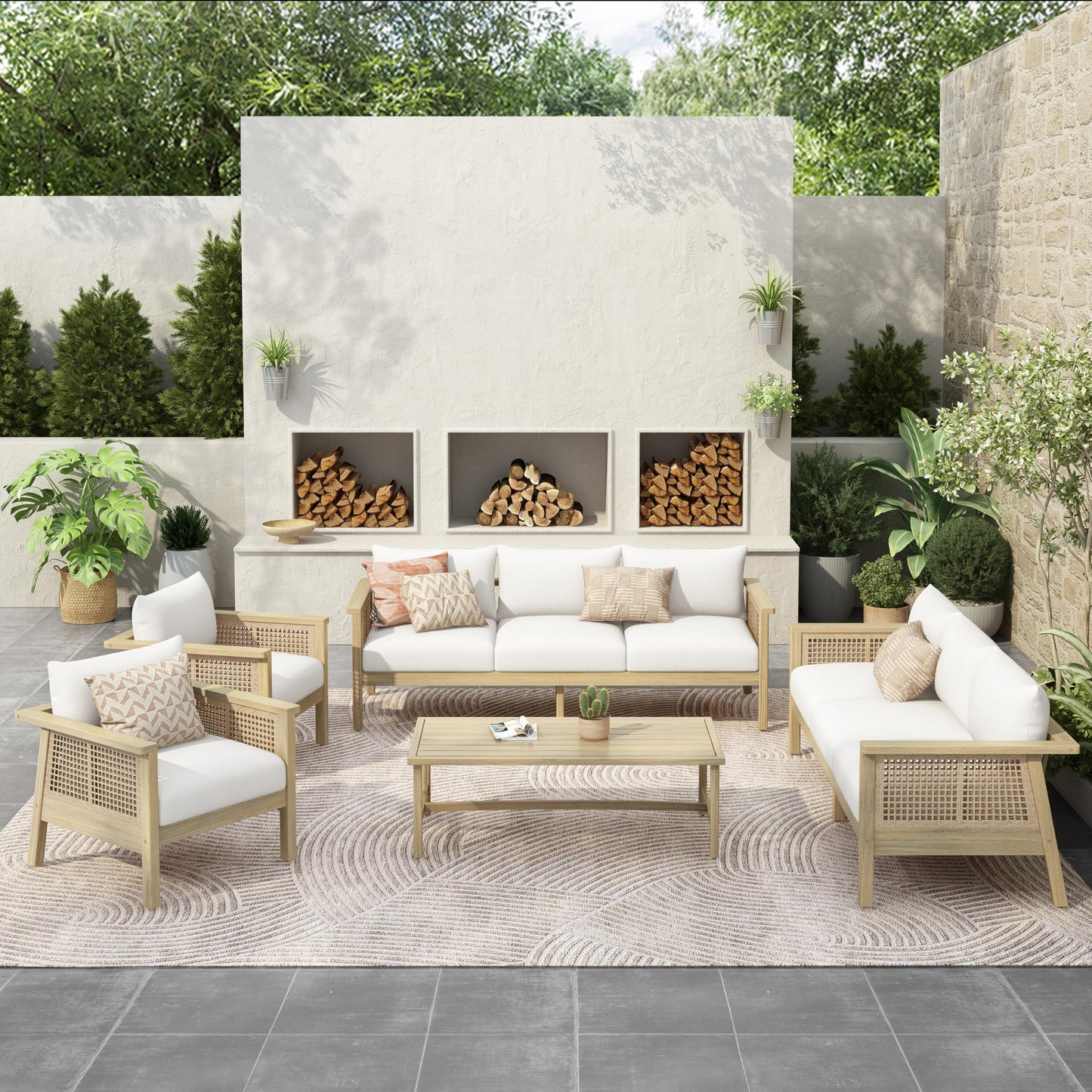 Christopher Knight Home Teras 8-Seater Patio Furniture Set with Removable Cushion, 5 Piece Outdoor Acacia Wood Conversation Set, Sold Wood Outdoor Sectional Sofa Set with Coffee Table,Light Teak+Cream