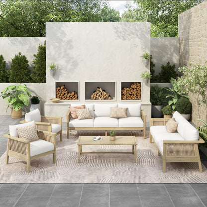 Christopher Knight Home Teras 8-Seater Patio Furniture Set with Removable Cushion, 5 Piece Outdoor Acacia Wood Conversation Set, Sold Wood Outdoor Sectional Sofa Set with Coffee Table,Light Teak+Cream