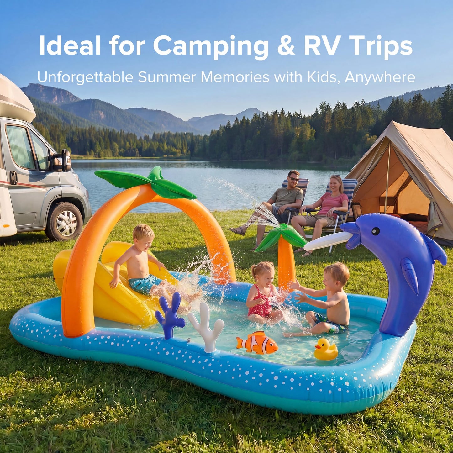 Andola Inflatable Play Center, Kiddie Pool with Slide & Sprinkler – 95"x75"x40" Outdoor Blow-Up Splash Pad Pools for Toddlers Ages 2+, Backyard Kids Water Slide for Summer Fun