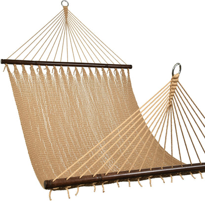 Lazy Daze Hammocks 10.5 FT Double 2 Person Caribbean Rope Hammock, Hand Woven Polyester Hammock with Spreader Bars, for Outside Outdoor Backyard Patio Poolside, 450 LBS Capacity, Tan