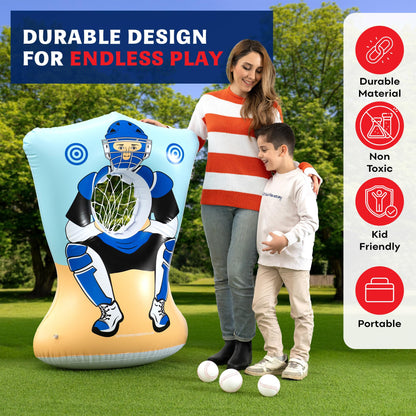 Preferred Toys Inflatable Baseball Pitching Target for Kids 3 and Above - Double-Sided Throwing Toss Game with 4 Soft Balls - Indoor Outdoor Baseball Toys Training Equipment - Red/Blue