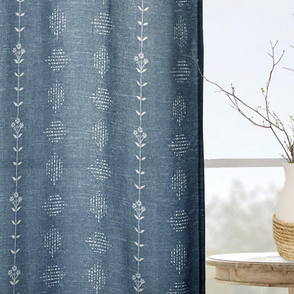 Denim Blue Modern Farmhouse Curtains, Vintage Dusty Blue Grey Chambray Linen Scandinavian Global Inspired Tie Dye Ikat Look Curtains for Living Room Bedroom