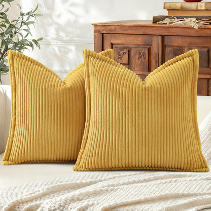Mecatny Corduroy Throw Pillow Covers 26x26 Set of 2, Neutral Decorative Soft Boho Couch Pillow Covers with Broadside for Sofa Living Room, Mustard Yellow
