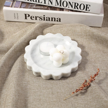Koville 5.51" Scalloped Marble Tray, Round Stone Jewelry Trinket Dish for Ring, Natural Small Marble Tray for Bathroom Kitchen Dresser Countertop, Decorative Candle Tray(Bianco Carrara)