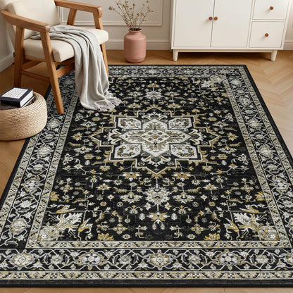 3x5 Area Rugs Living Room Rug: Washable Vintage Boho Medallion Rug No Slip Stain Resistant Soft Carpet Indoor Large Carpets for Bedroom Dining Room Farmhouse Nursery Hallway Home Office Black Gold