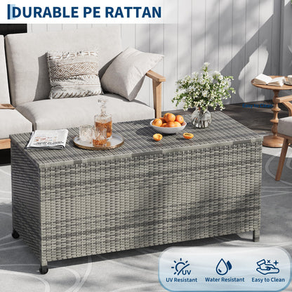 125 Gallon Large Deck Box Waterproof PE Rattan Outdoor Storage Box with Handles and Wheels, Storage Bin for Garden, Balcony, Porch, Pool, Yard