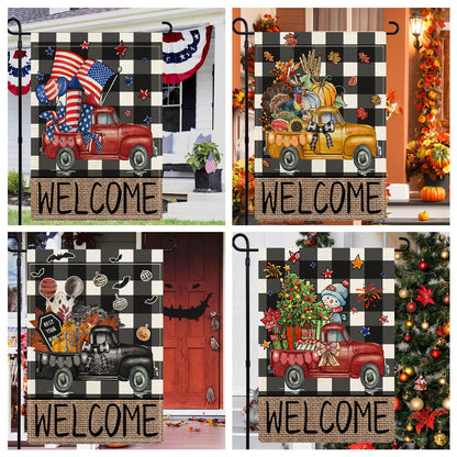 YOVOYOA Rustic Truck Buffalo Plaid Garden Flags for Outside Set of 12, Welcome Seasonal Garden Flags 12x18 Double Sided, Car Holiday Lawn Flags, Winter Spring Outside Decorations for Yard
