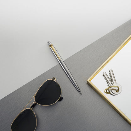 Parker Jotter Ballpoint Pen, Stainless Steel with Golden Trim, Medium Point, Blue Ink, Gift Box - Smooth Writing, Sleek, Polished, Professional, Desk Essentials