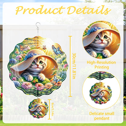 Wind Spinner Hanging Outdoor Decor, 12 Inch 3D Cute Cat Metal Kinetic Wind Spinners for Garden Yard Patio, Stainless Steel Laser Cut Art Gifts for Women Cat Lovers Outdoor Decorations