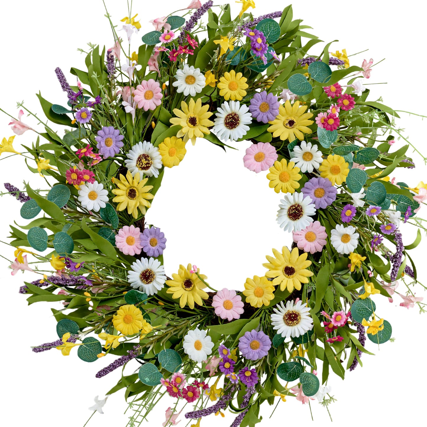 MAINGKAUNG Spring Wreath 22 Inch Artificial Summer Wreath with Yellow Daisy Flowers Green Eucalyptus Leaves Lavender Spring Wreaths for Front Door Home Farmhouse Porch Wall Easter Festival