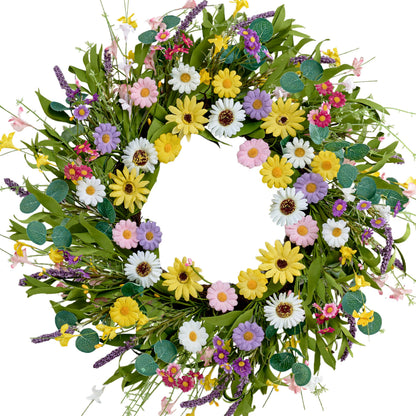 MAINGKAUNG Spring Wreath 22 Inch Artificial Summer Wreath with Yellow Daisy Flowers Green Eucalyptus Leaves Lavender Spring Wreaths for Front Door Home Farmhouse Porch Wall Easter Festival
