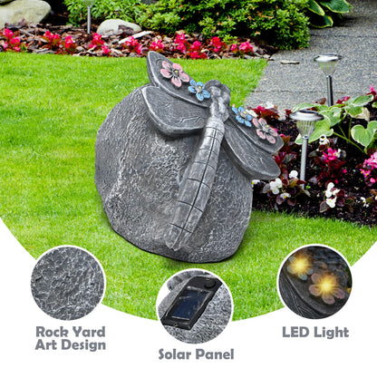 Gift Boutique Solar LED Dragonfly Garden Statue with Lights, Outdoor Resin Rock Decor for Patio Lawn Yard Pathway Flower Bed Decoration