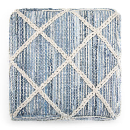 SIMPLIHOME Cowan Square Pouf - 20 inch Wide Handloom Woven Wool and Cotton Ottoman in Blue and Natural, Contemporary Footstool or Extra Seating for Living Room, Bedroom, or Kids Room, Assembled
