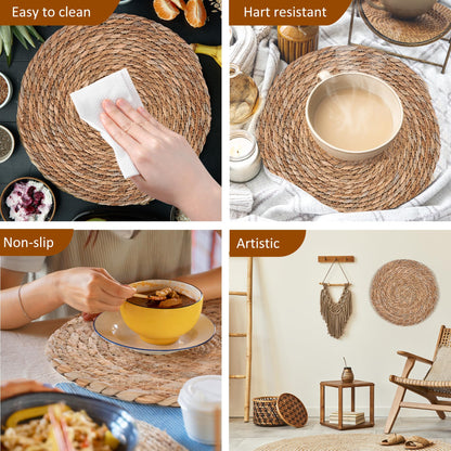 Defined Deco Woven Placemats Set of 10,12" Round Rattan Placemats,Natural Hand-Woven Water Hyacinth Placemats,Farmhouse Weave Place Mats,Rustic Braided Wicker Table Mats for Dining Table,Home,Wedding.