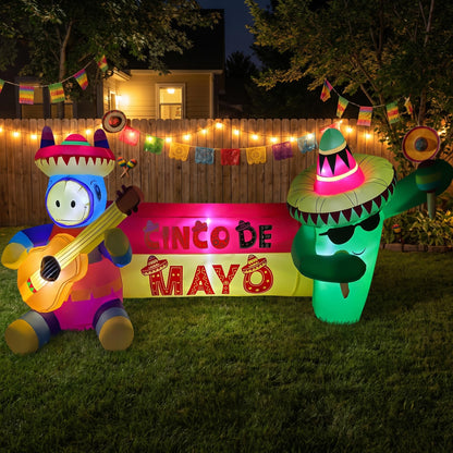 6.5FT Long Cinco De Mayo Inflatables Outdoor Decorations, Guitar Donkey & Maraca Cactus, Mexican Fiesta Blow Up Yard Decor for May 5 Taco Party, Lawn Garden Indoor Outdoor