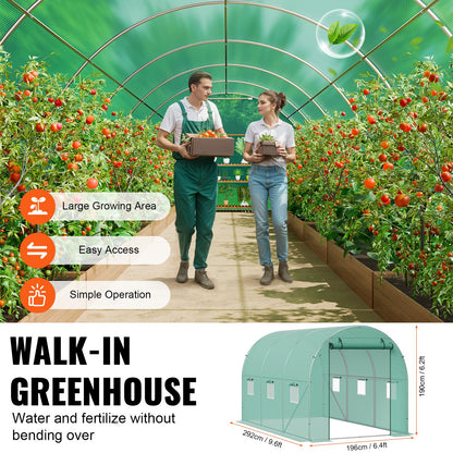 VEVOR Walk-in Tunnel Greenhouse, 9.6x6.4x6.2 ft Hoop House Greenhouse Tunnel, Plant Hot House with Galvanized Steel Frame, Green PE Cover, Roll-up Zipper Door and 6 Windows for Outdoor