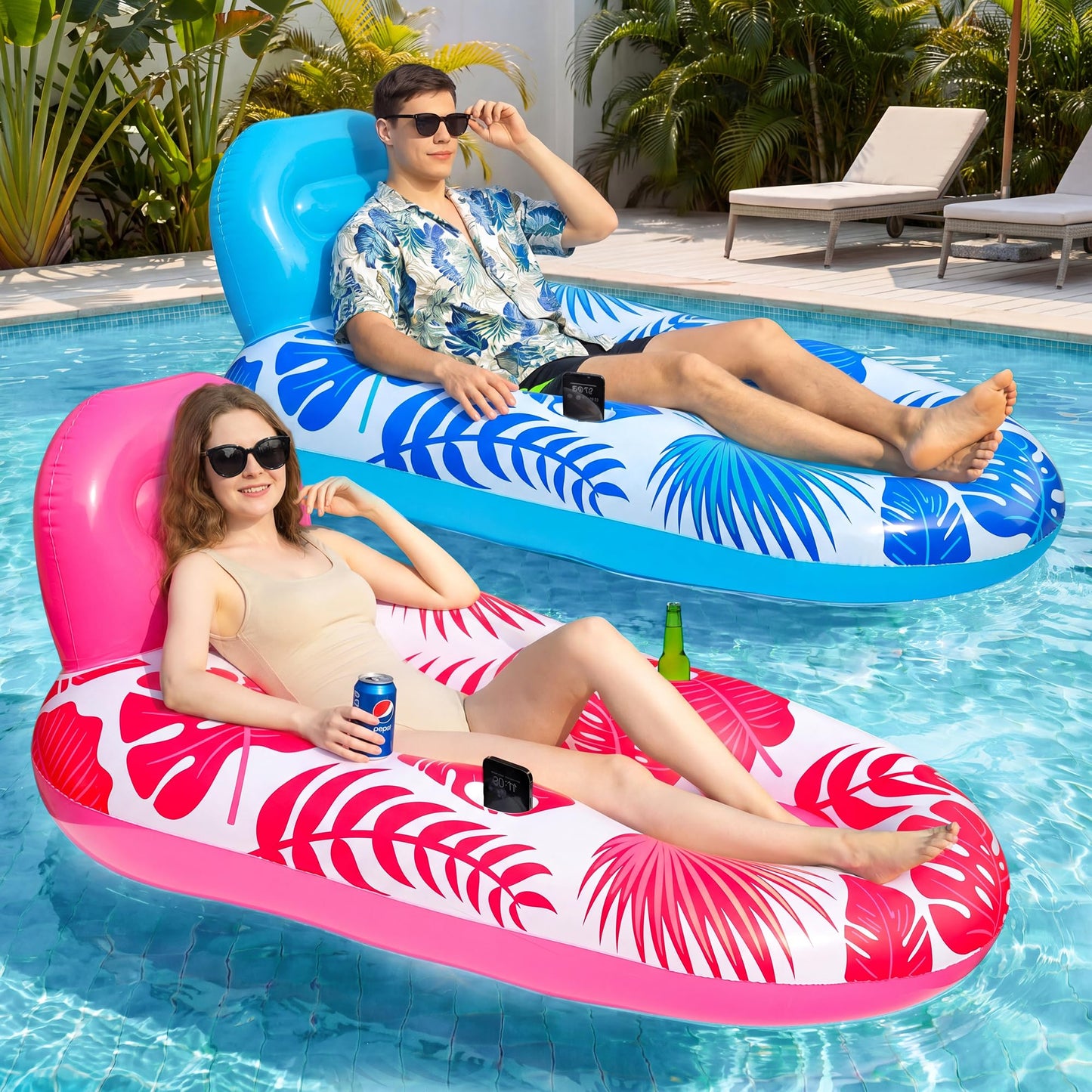 FindUWill Pool Floats for Adults 2 Pack, Inflatable Pool Lounge Chair Floaties with Cup Holder, Heavy Duty Water Floating Rafts Swimming Toys for Summer Party Travel, Beach, Lake
