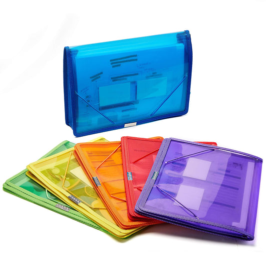 FANWU 6 Pack Plastic Expanding File Wallet Document Organizer with Flap and Cord Closure, Letter Size, 2.8" Expansion, Clear Colored Poly A4 Expandable File Folder for Home School & Office Storage