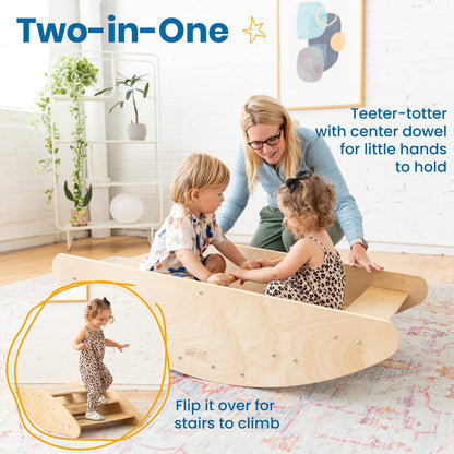 ECR4Kids Rocking Boat and Steps 2-in-1 Wooden Play Center, Montessori Furniture, Natural