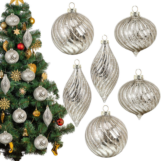 Vercraft 6 Pcs Silver Glass Christmas Ornaments, Mercury Christmas Ball Ornaments Hanging Hand Blown Glass Balls for Xmas Tree Home Wedding Birthday Holiday Party Decor, 2.36 Inch