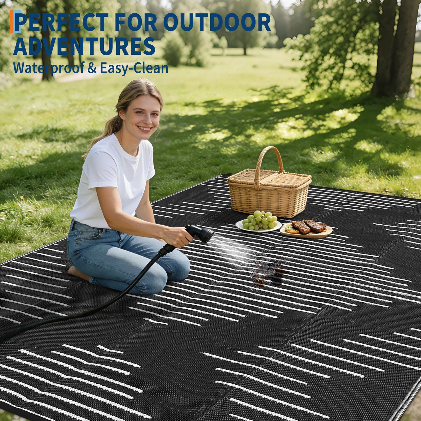 Garvee Waterproof Outdoor Area Rug 9x12 Plastic Reversible Rug for Patio Decor Easy-Cleaning Large Floor Mat for Camping RV Porch Deck Backyard Balcony Picnic Black White