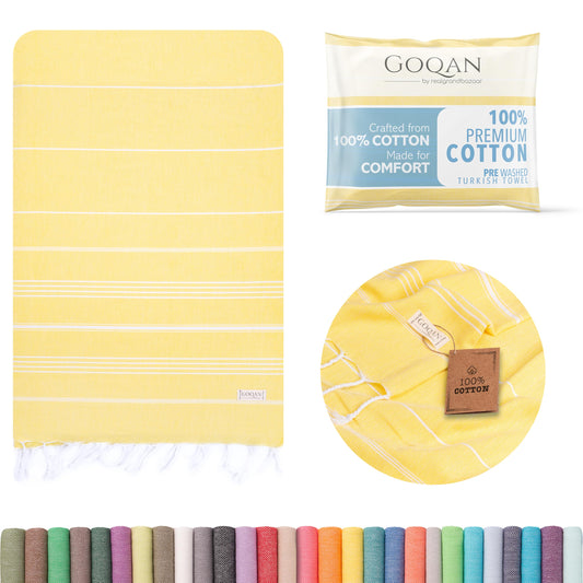 realgrandbazaar GOQAN Turkish Beach Towel 100% Cotton - Quick Dry Towels for Bath, Hostel Travel, Gym, Exercise, Swim, Shower, 39x71 Large - Rapid Dry for Workout Sports, Swimming, Camping -Yellow