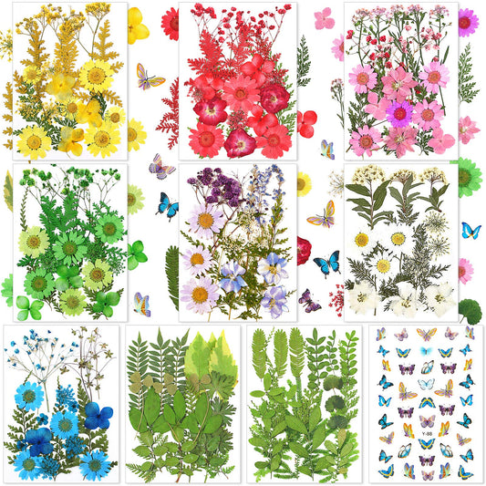 Nuanchu 223 Pcs Real Dried Pressed Flowers for Crafts Natural Dried Leaves and Butterfly Stickers Set Colorful Daisy Flowers and Adhesive Butterfly Decals for DIY Resin Jewelry Nail Crafts Floral Art