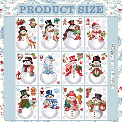 12 Sheets Christmas Snowman Wall Stickers Decorations, Xmas Wall Decals Holiday Snowman Snowflakes Floor Wall Vinyl Stickers for Living Room Bedroom Home Office Decor