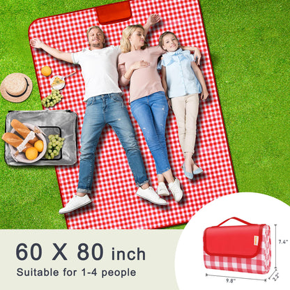 SAMSIER Outdoor Picnic Blankets Waterproof Foldable Sandproof, Large Gingham Cute Picnic Mat Washable Portable for Park Beach Camping Courtyard (Red, 60"×80")