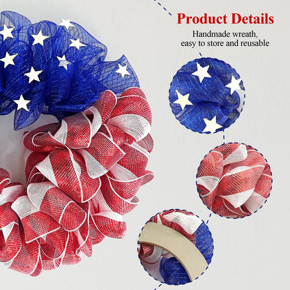 26 Inch Mesh Patriotic Front Door Wreath, 4th July Independence Day Wreath for Summer America Patriotic Flag Burlap Farmhouse Decor, Memorial Day Americana Front Window Hanging Decor