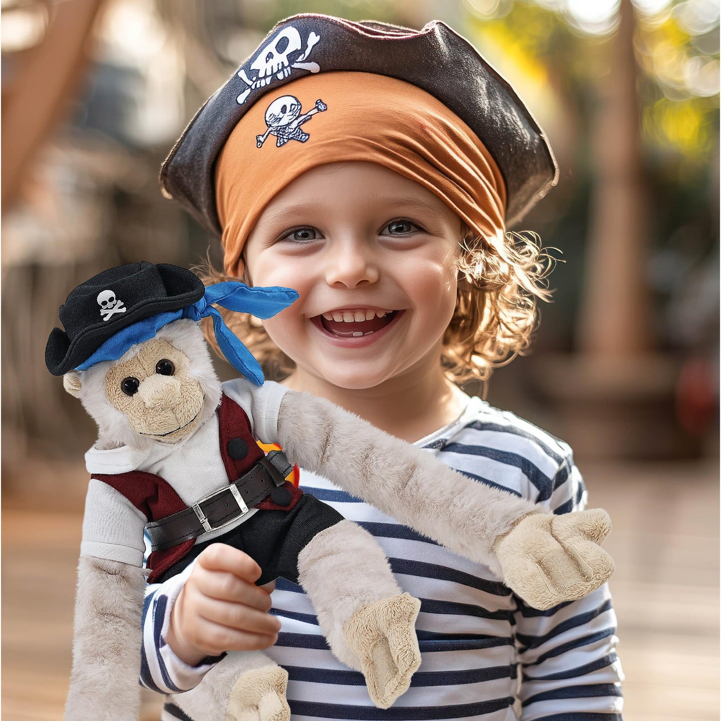 DolliBu Hanging White Squirrel Monkey Stuffed Animal with Pirate Dress Up and Name Personalization - Sea Adventure Plush Toy with Cute Pirate Costume - Hat, Shirt, Pants, Eye Patch, Belt - 21 Inches