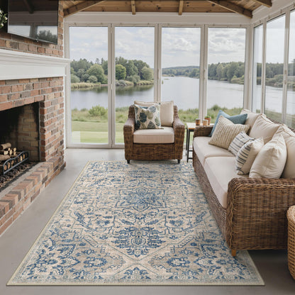 GENIMO Outdoor & Indoor Area Rug 5'x8', Waterproof, Non-Shedding, Easy Cleaning, Boho Front Door Mat for Patio, Entryway, Porch, Living Room, Bedroom, Bathroom, Outside Carpet Beige Blue