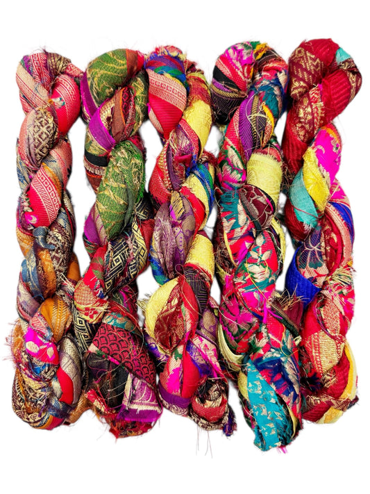 Maker's Craft Recycled Vintage Metallic Zari Sari Silk Ribbon Yarn 30 Yards, 100 Grams for DIY Knitting Crocheting Gift Wrapping, Christmas Decoration, Macrame Makers, Jewelry Making, Rugs Hooking