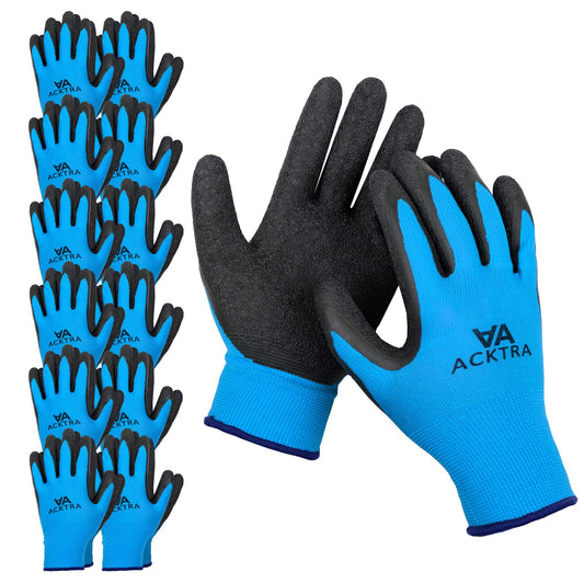 ACKTRA Coated Nylon Safety WORK GLOVES 12 Pairs, Knit Wrist Cuff, Multipurpose, for Men & Women, WG008 Blue Polyester, Black Latex, Medium