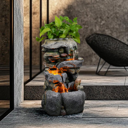 23" Tall Outdoor Water Fountain with Built-in Planter, 3-Tier Cascading Rock Waterfall with Warm LED Lights, Relaxing Zen Garden Fountain Decoration for Patio, Yard, Porch & Deck