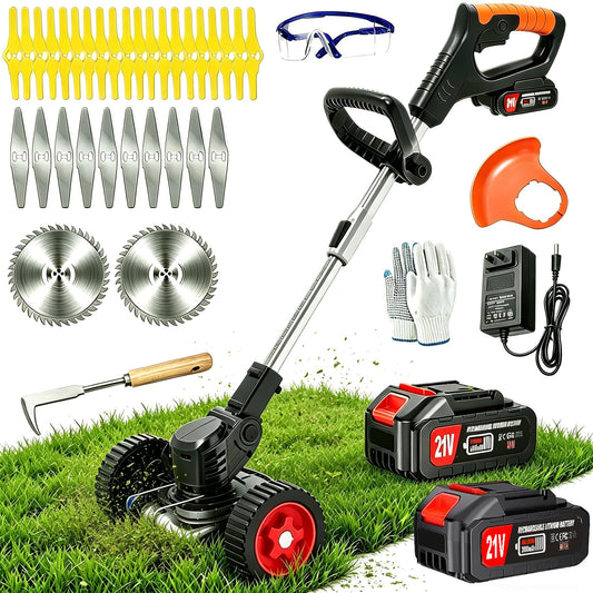 Electric Weed Wacker Cordless Eater Battery Powered Lightweight Edger Portable Stringless Weed Trimmer, 3-in-1 Grass Trimmer/Lawn Mower/Brush Cutter, with 3 Types Blades & Wheels for Yard and Garden