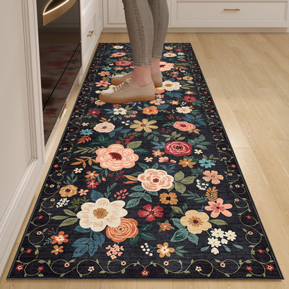 DUKINO 2x6 Runner Rug for Hallway, Washable Kitchen Runner Rug with Non Slip Backing, Low Pile Soft Boho Floral Runner for Kitchen, Hallway, Entryway, Laundry, Bedroom, Black