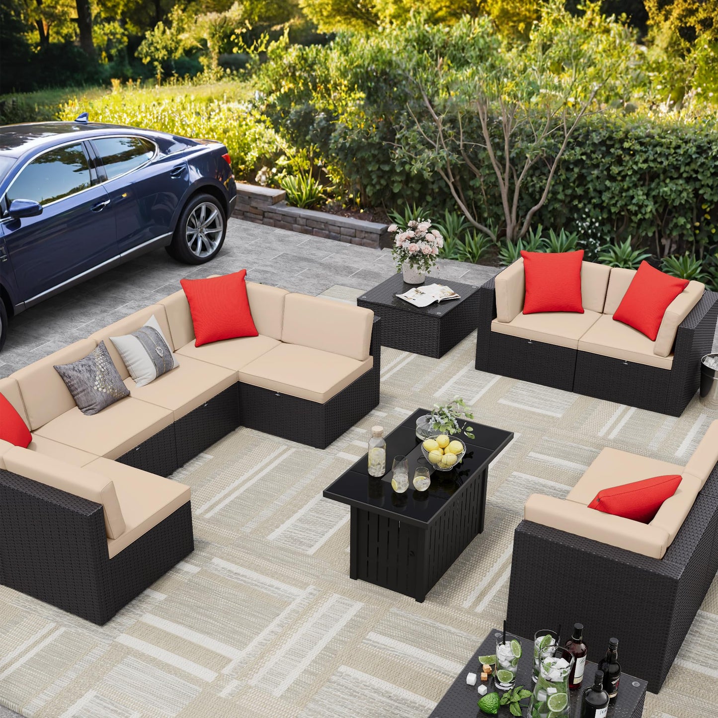 Greesum Patio Furniture Sets 13-Pieces Outdoor PE Rattan Sectional Sofa w/43in Gas Fire Pit Table Sets 55000 BTU Add Warmth to Gatherings Parties On Deck Garden Backyard, OneSize, Beige