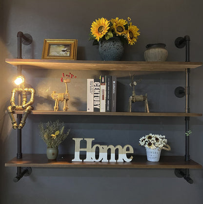 Industrial Pipe Wall Shelves Pipe Shelving with Real Wood Plank ,48 Inches Floating Shelves for Wall Farmhouse Pipe Book Shelves Dark Brown 3 Tier for Kitchen,Living Room Decor and Bar Shelving