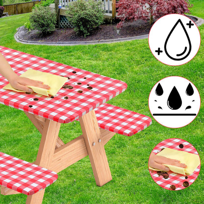 BOUBONI 3 Pcs Set Fitted Picnic Table Cover with Bench Covers Vinyl Camping Table Cloth Flannel Backing for 6ft Tables Camping Outdoor (Red Checked, 30 x 72 Inches)