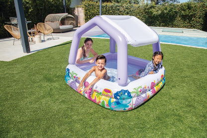 Intex 57470EP Sun Shade 5 Foot Square Inflatable Durable 10 Gauge Vinyl Kiddie Pool with Ocean Scene and Canopy for Ages 3 Years and Up, Multicolor