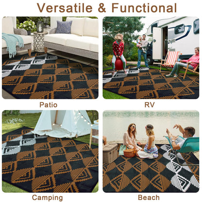 Beeiva Outdoor Rugs 8x10 Waterproof, Modern Geometric Reversible Patio Rug 8x10, Large Foldable Outdoor Plastic Straw Rug for Camping, Porch, Backyard, Balcony, Picnic - Black & Brown