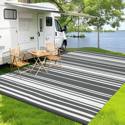Jojoka Modern Outdoor Rug Reversible Plastic Straw Rug, Geometric Lines Pattern, UV-Resistant Portable Camping Carpet for Patio, RV, Deck, Trailer & Poolside