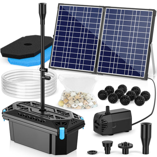 NFESOLAR 30W Solar Pond Filter Fountain Pump Kit, 200 GPH Submersible Water Pump with 7 Nozzles, 16.4ft Power Cable & 6.6ft Water Tubing, for Koi Ponds, Fish Tanks, Backyard Garden Decor
