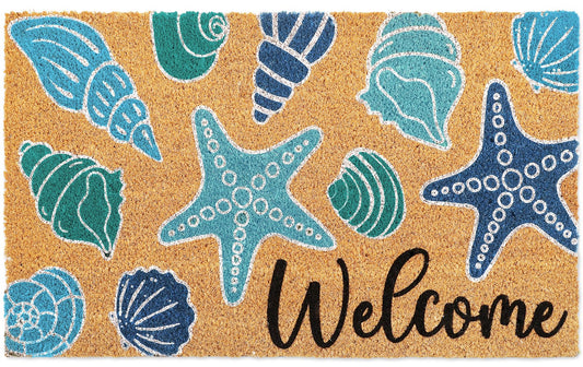 Whaline Seashell Doormat Natural Coir Welcome Floor Mat Blue Coastal Beach Starfish Conch Non-Slip Entrance Door Rug for Summer Indoor Outdoor Home Bathroom Decor