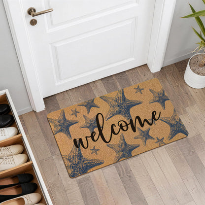 GUULIJEEMIY Coastal Starfish Door Mat, Nautical Blue Starfish Welcome Front Door Mat Rug Outdoor Indoor Entrance, Beachy Ocean Artificial Coir Doormat for Beach House Porch Patio Entry, 30x17 Inch