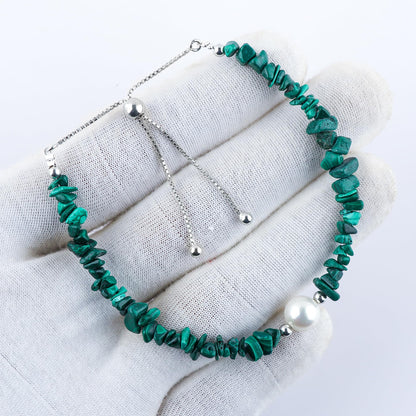 CRYSTALIS Natural Malachite Beads Slider Bolo Bracelet with Elegant Pearl, High Grade Nuggets Crystal, Chakra Healing Gemstone, Gift Giving Women Jewelry, 925 Sterling Silver Slider 10 inch