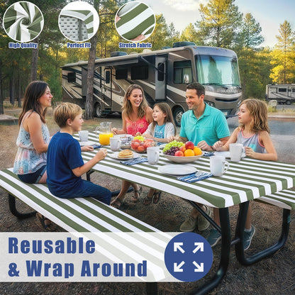Moosfor Picnic Table Cover with Bench Covers, Elastic Fitted Spandex Tablecloths for 6 Foot Rectangle Tables, Stretch Washable Patio Tablecloth for Outdoor, Camping (Stripe, 30"x72")