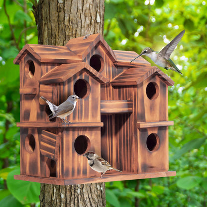MIXUMON Wooden Bird Houses for Outside – 10 Rooms Multi-Chamber Bird House, Carbonized Pine Rustic Finish, 1.57" Entrance Holes, Individual Cleaning Doors, Decorative Outdoor Bird Nesting Box