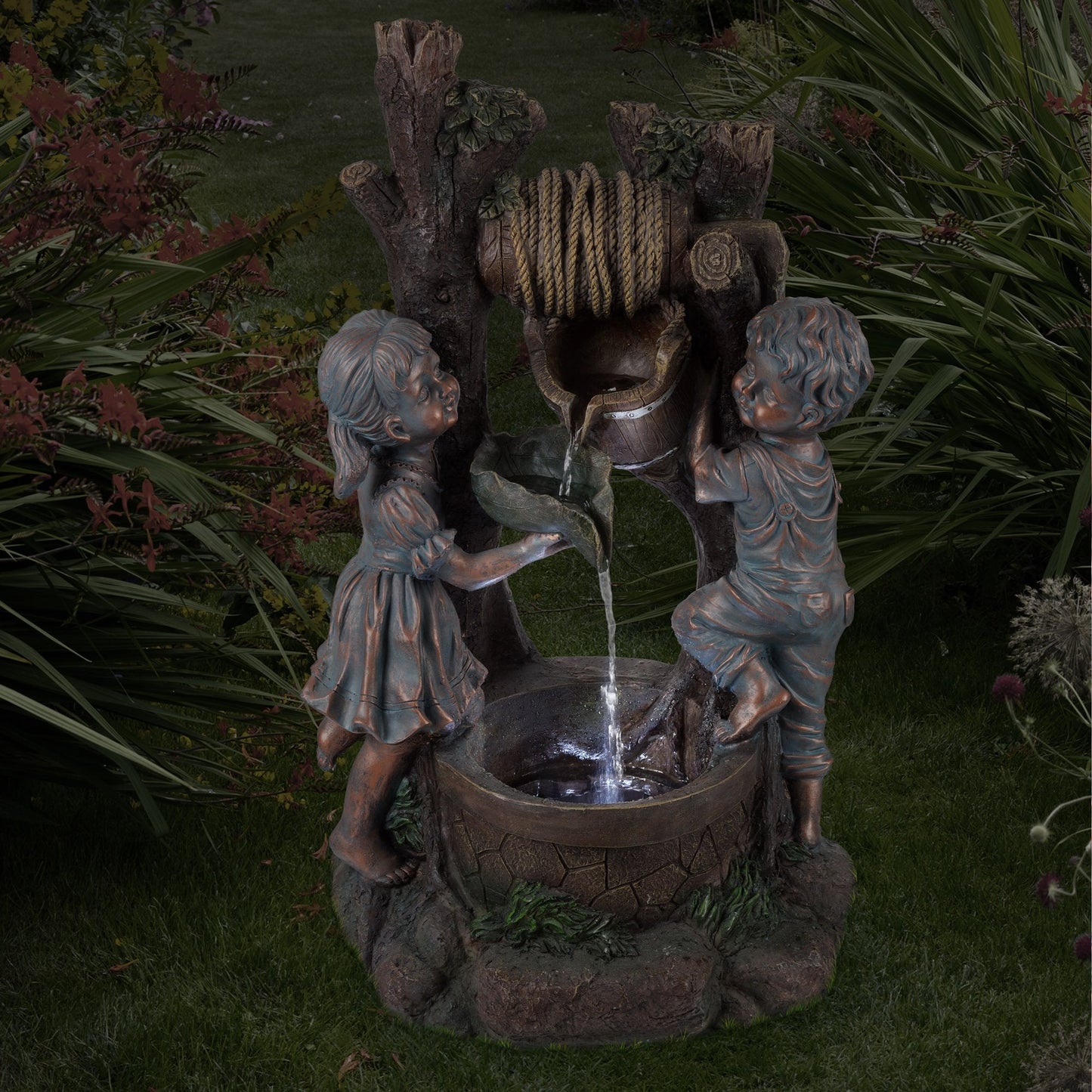 Boy and Girl Outdoor Water Fountain - Cascading Waterfall with Soothing Sounds and 4 LED Lights for Garden or Patio by Pure Garden (Antique Bronze)
